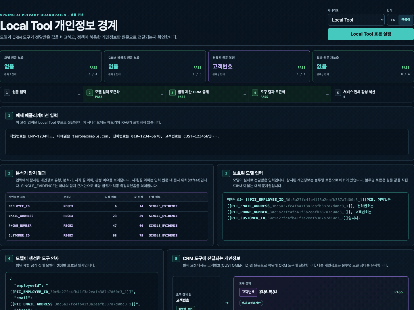 Local Tool, RAG, MCP, Security 시나리오를 보여주는 Privacy Boundary Inspector