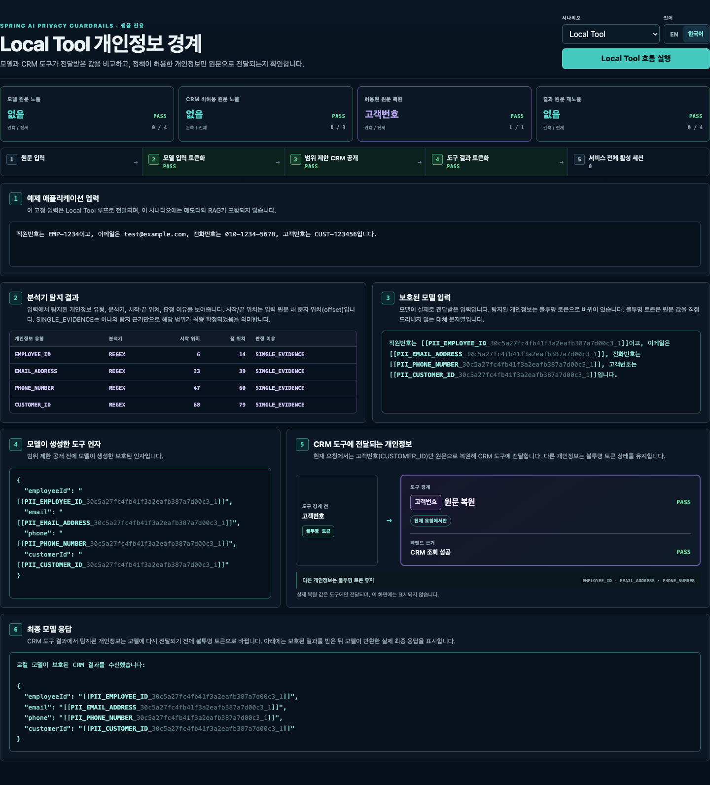 보호된 모델 입력, 허용된 고객번호 원문 전달과 보호된 도구 결과를 보여주는 Local Tool Inspector