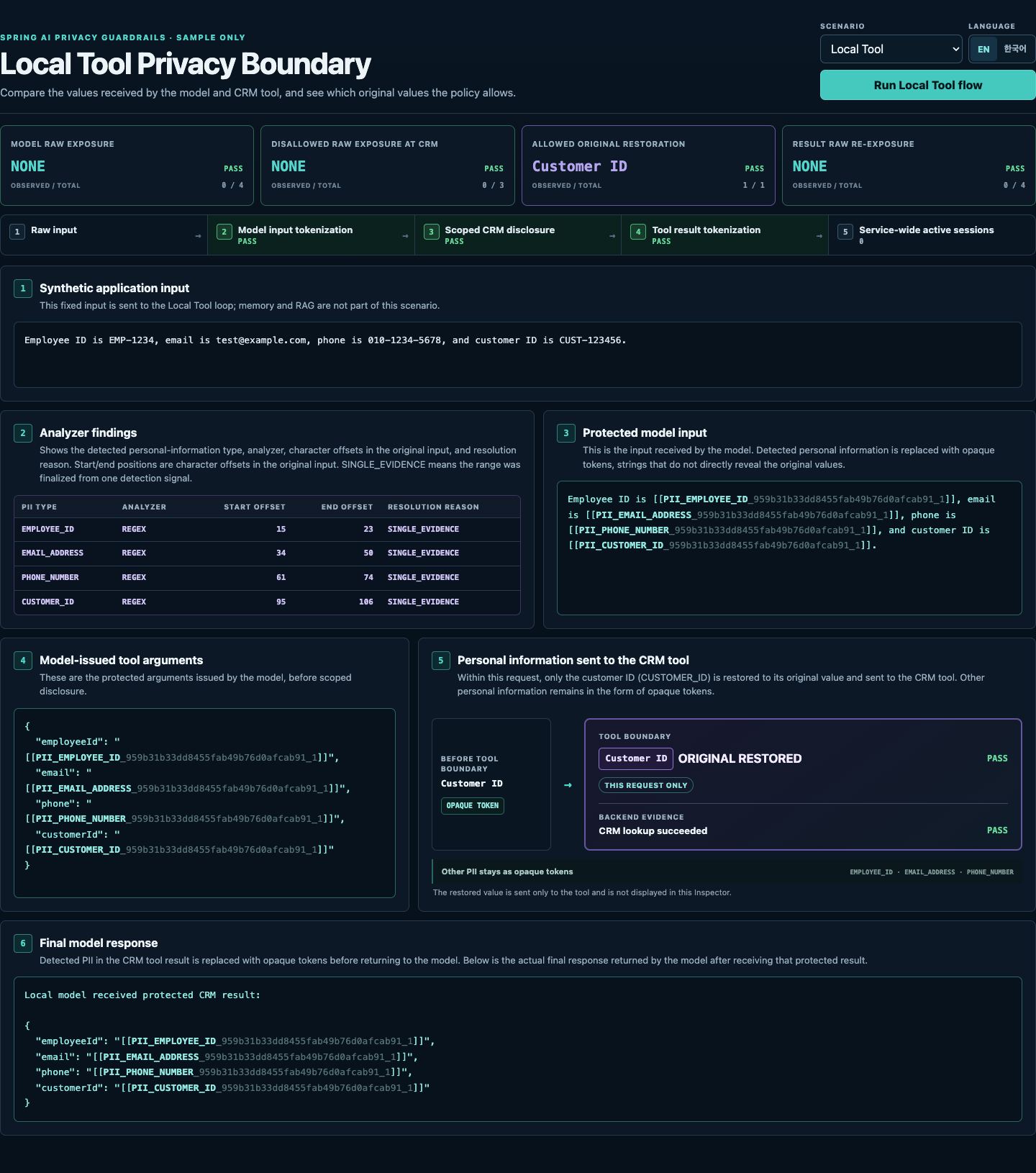 Local Tool Inspector showing protected model input, the permitted original customer ID, and protected tool results