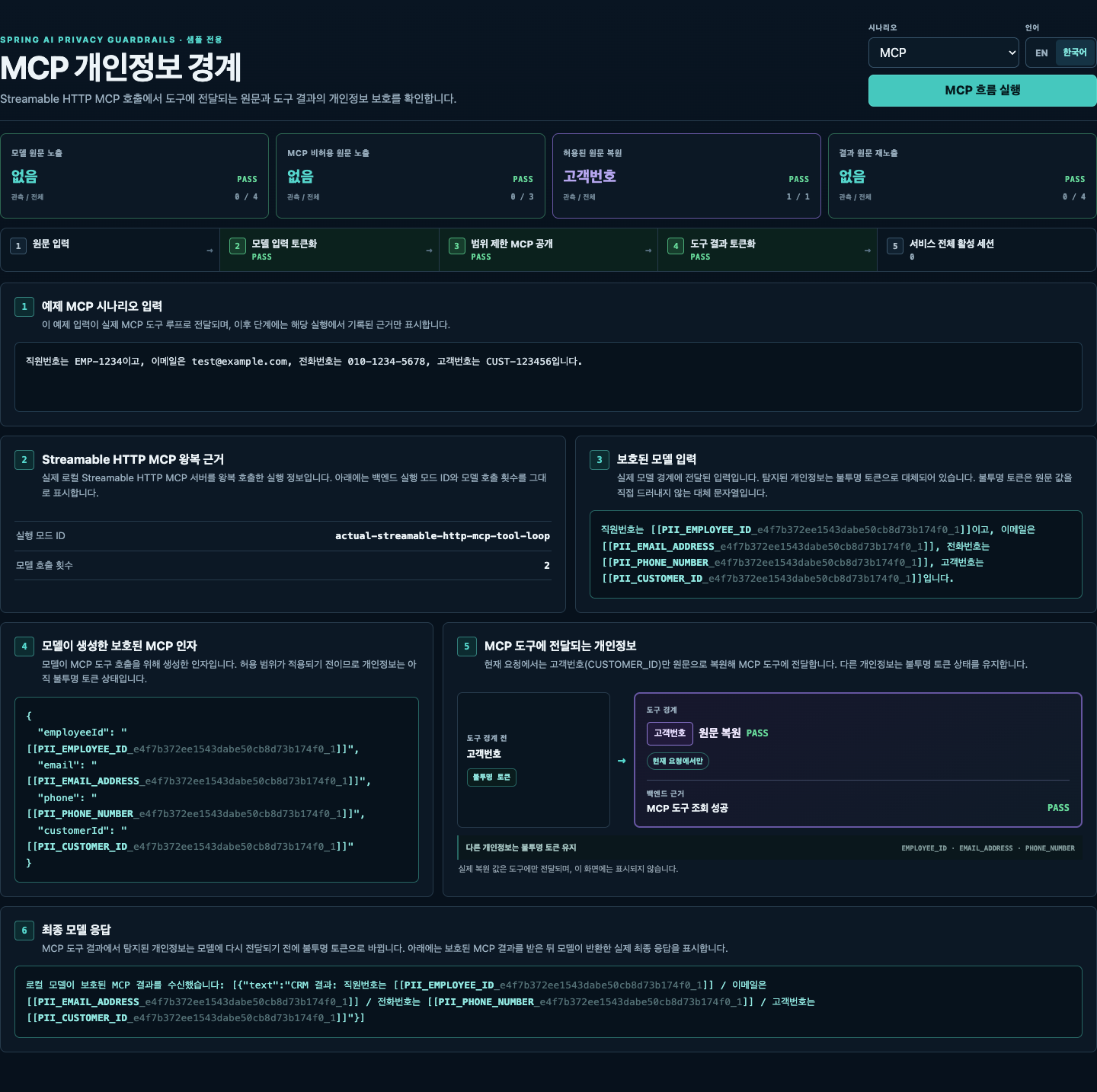 HTTP 도구 호출, 허용된 고객번호 원문 전달과 보호된 도구 결과를 보여주는 MCP Inspector