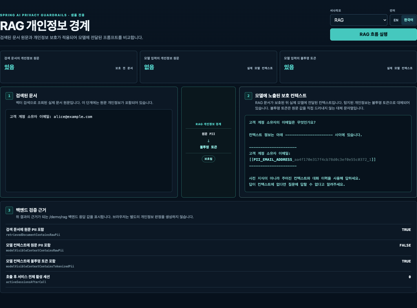 검색된 문서와 모델에 노출된 보호 컨텍스트를 비교하는 RAG 개인정보 경계 Inspector
